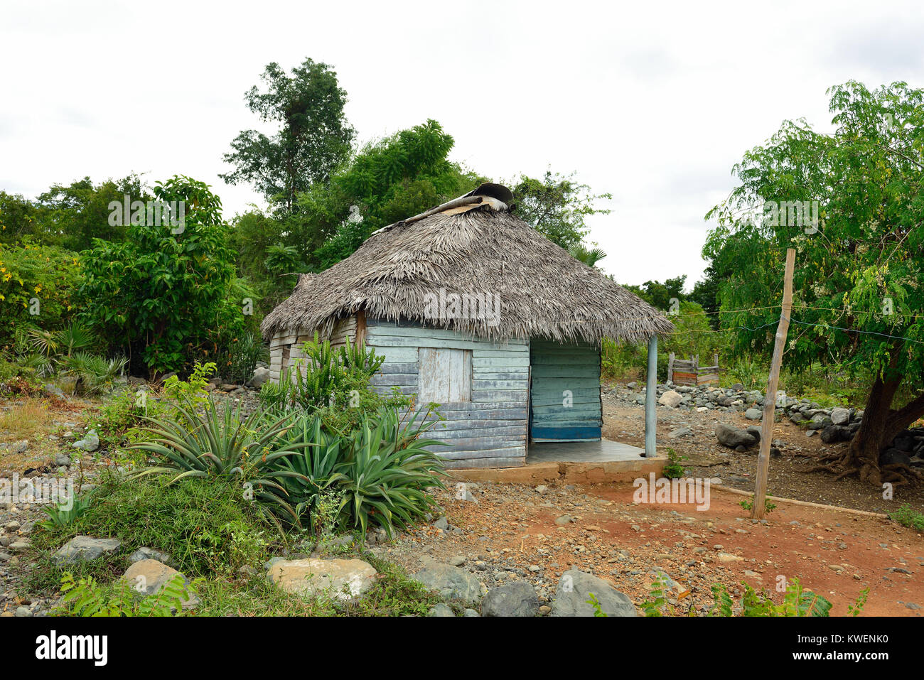 Der Weg für die höchsten Gipfel auf Kuba Pico Turquino, in einer Bergkette Sierra Maestra auf Kuba. Holz- Haus in einem der Vororte. Stockfoto