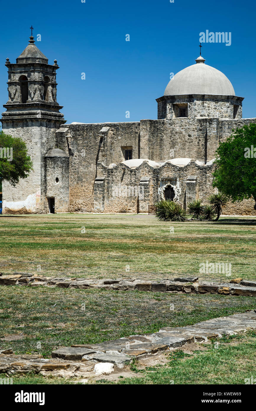 Mission San Jose y San Miguel de Aguayo (1782), San Antonio Missions National Historical Park, San Antonio, Texas USA Stockfoto