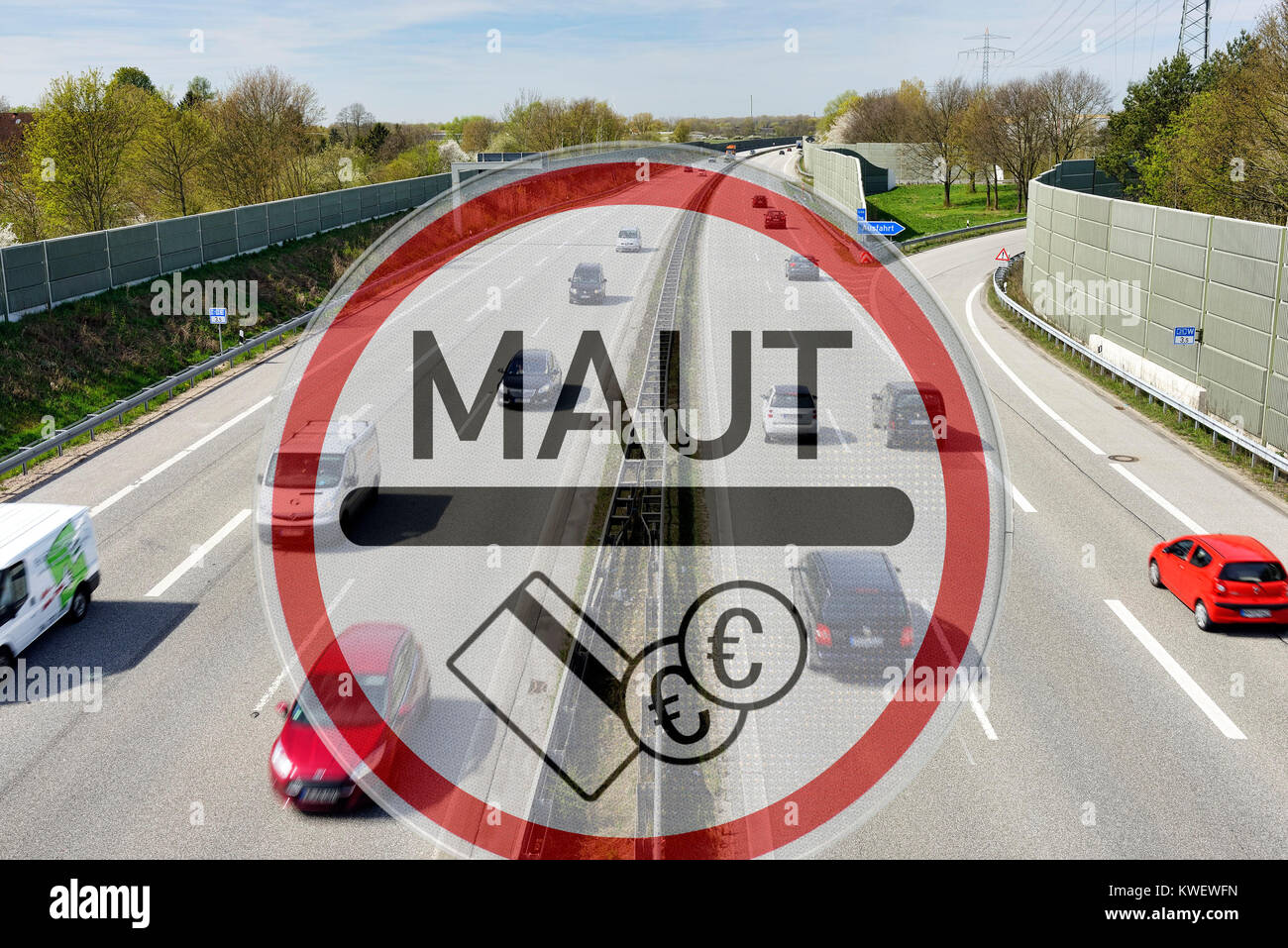 Autobahn und Maut unterzeichnen, symbolische Foto Pkw Pkw-Maut, Autobahn Und Maut-Schild, Symbolfoto PKW-Maut Stockfoto