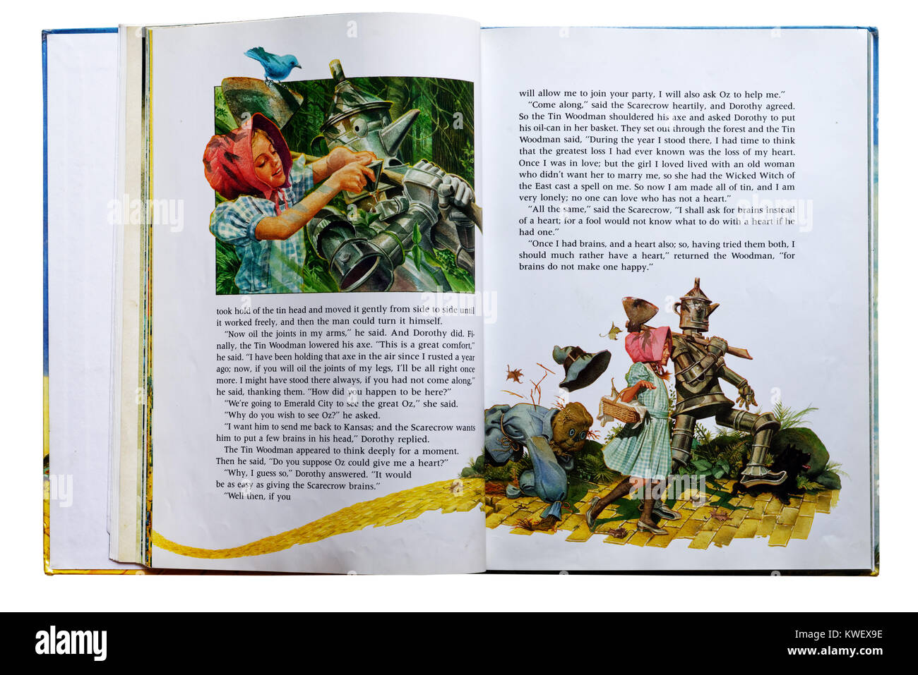 Dorothy und Tin Woodman auf der gelben Ziegelsteinstraße in einem illustrierten Buch Der Zauberer von Oz Stockfoto
