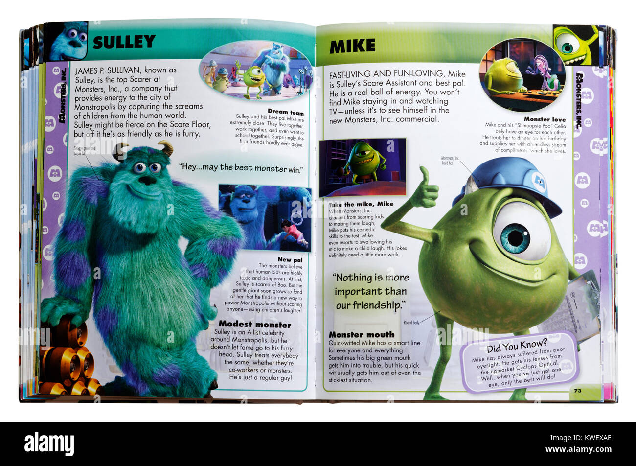 Pixar Charakter Sulley und Mike aus dem Film Monster Inc. in einem Pixar Charakter Guide Stockfoto