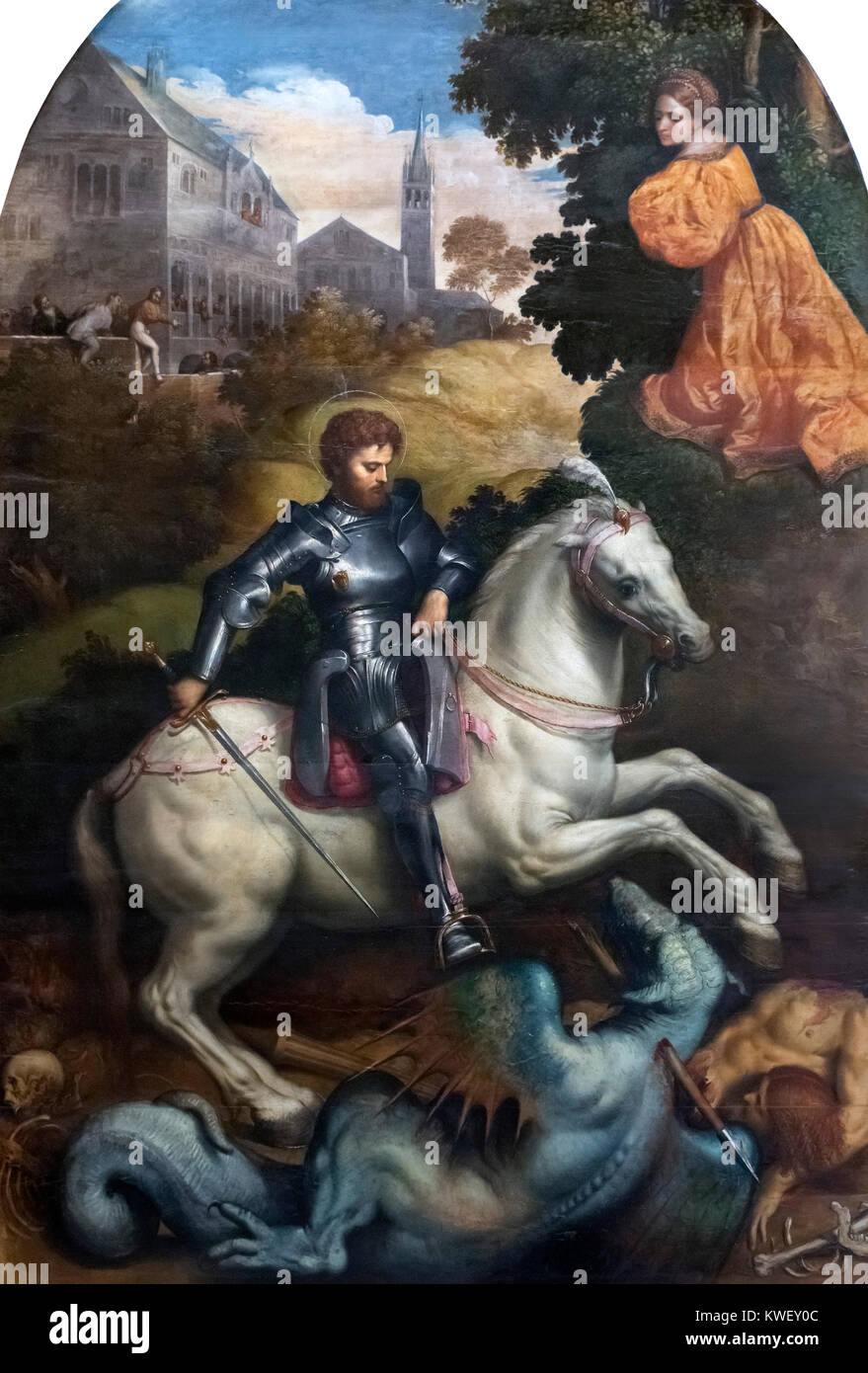St. Georg tötet den Drachen durch Paris Bordon (1500-1571), Öl auf Leinwand, 1525 Stockfoto
