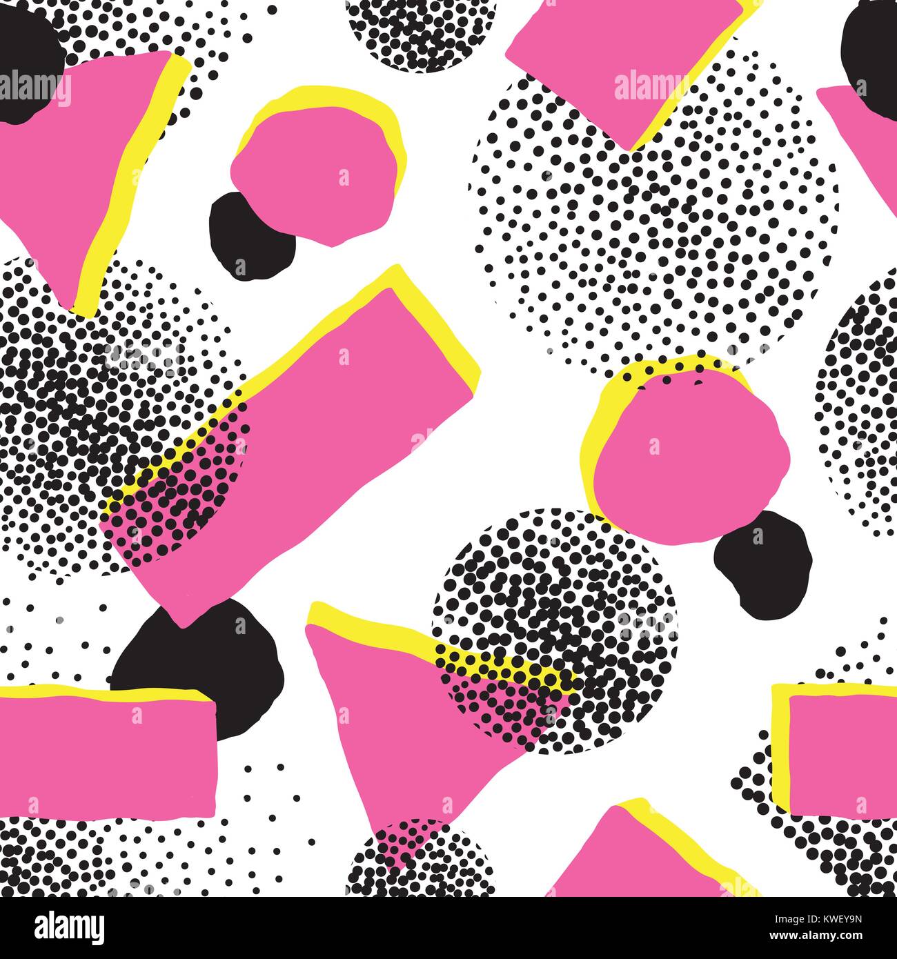 Abstrakte geometrische nahtlose Muster mit Flecken und Punkten. Ornamentalen weißen Hintergrund im 80er Jahre Stil. Spot wallpaper Design Stock Vektor