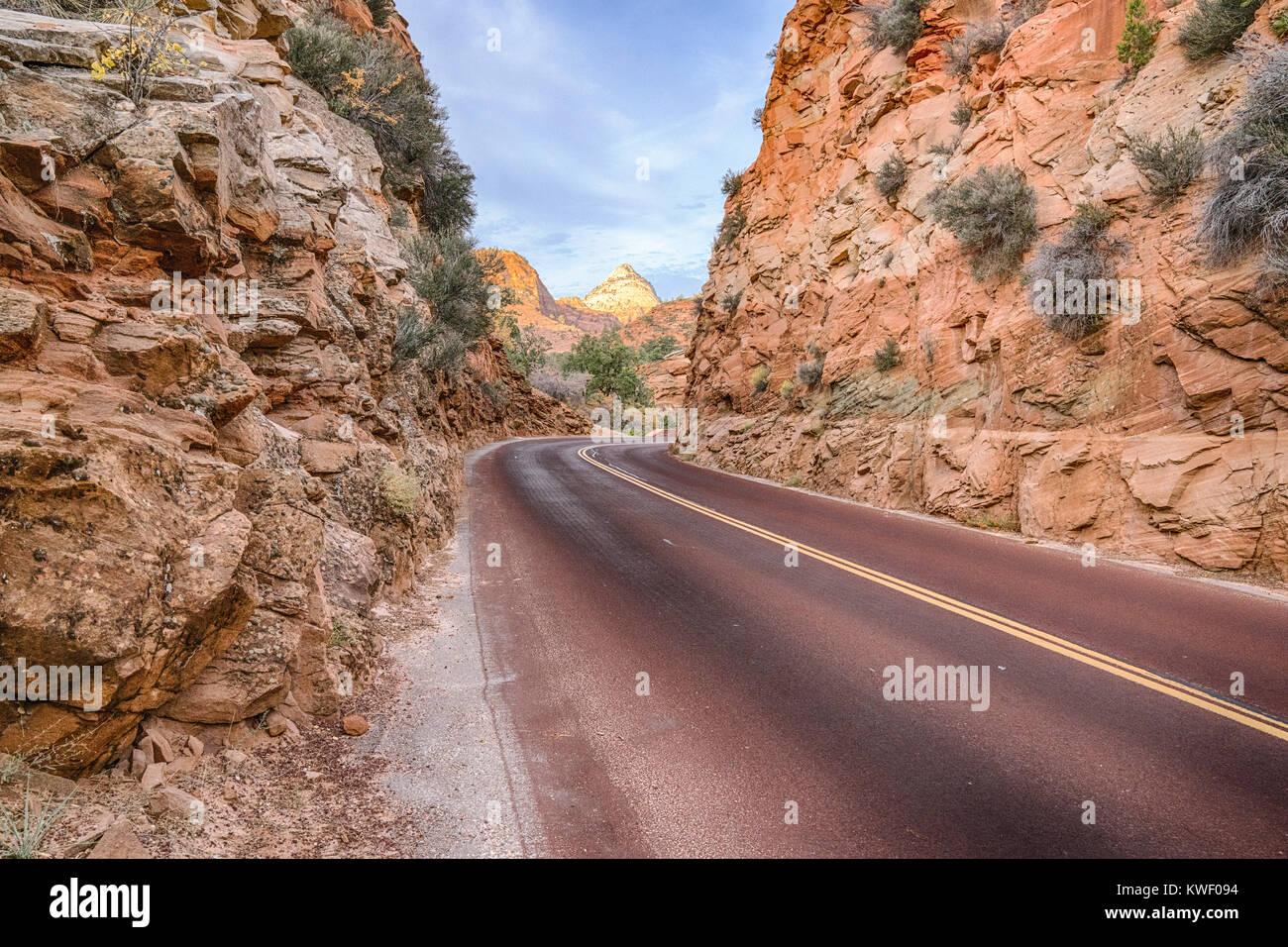 Kurvenreiche Straße durch die schönen roten Felsformationen des Zion National Park, Utah Stockfoto
