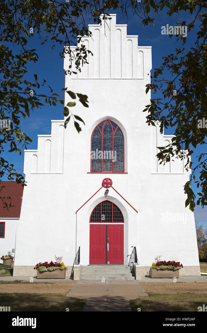 Bethlehem Lutheran Church, ein historisches Gebäude von dänischen Einwanderern in einer kleinen Präriestadt gebaut Stockfoto