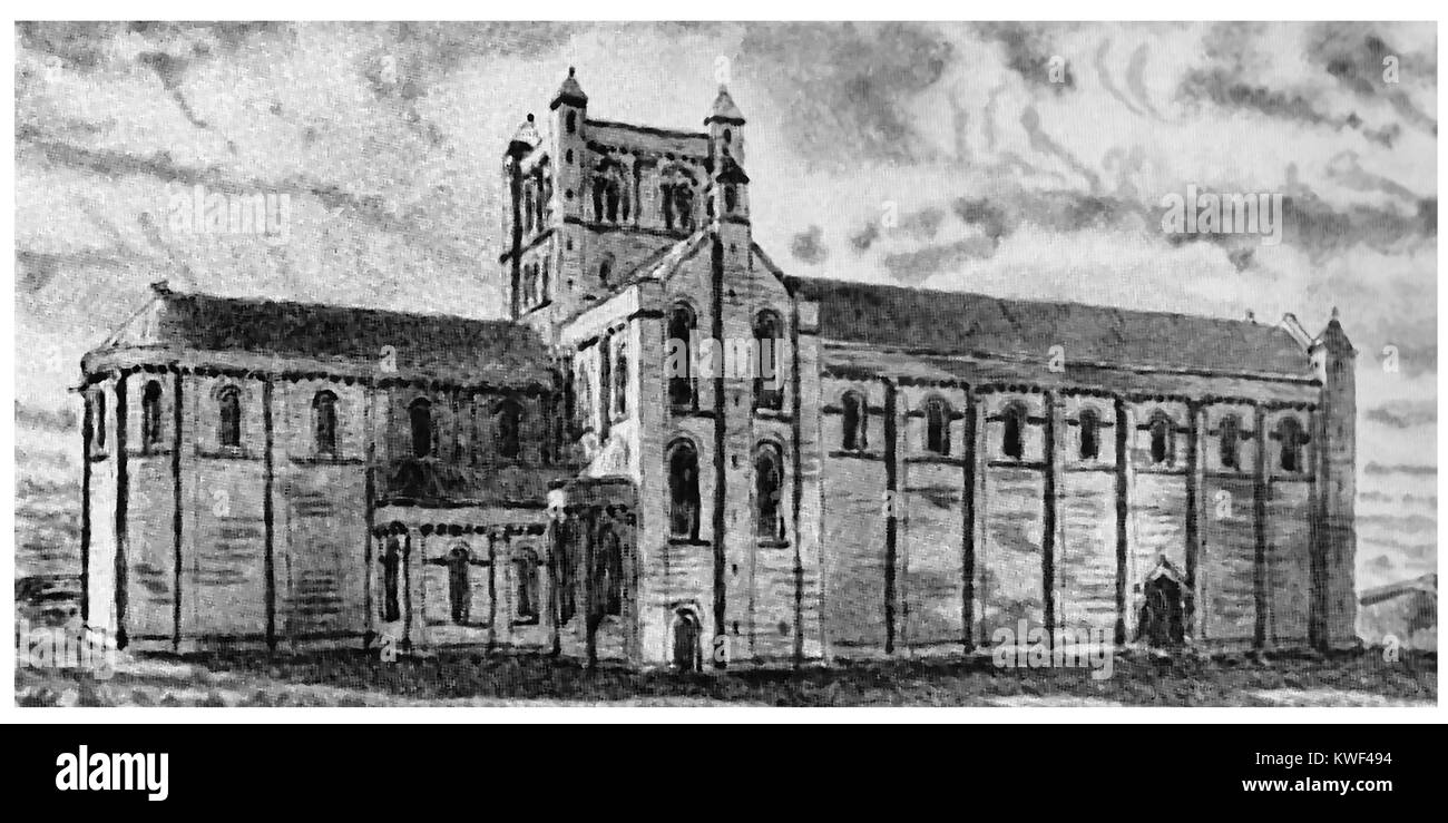 WHITBY ABBEY WIEDERHERGESTELLT, North Yorkshire UK - eine künstlerische Darstellung des ursprünglichen normannische Kirche, deren Grundlagen in der heutigen Abtei Ruinen gesehen werden kann - 1938 Abbildung) Stockfoto