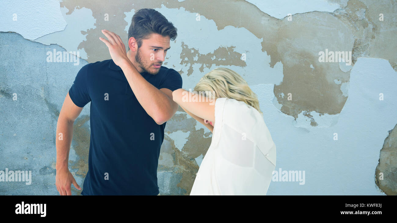 Zusammengesetztes Bild der böse Mann seine Freundin zu treffen Stockfoto