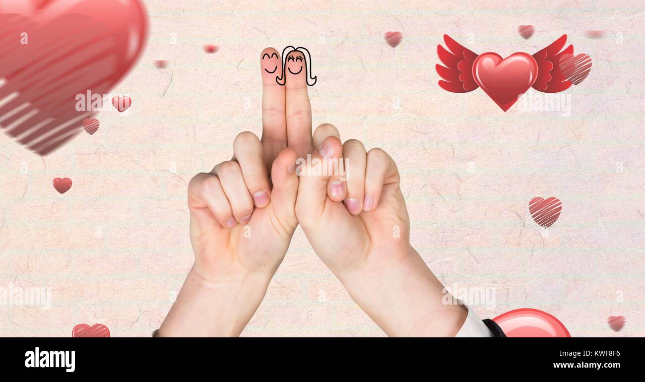 Valentine's Finger Liebe Paar und schwebende Herzen Stockfoto
