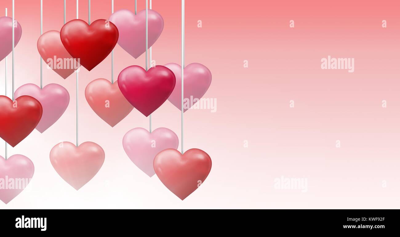 Sprudelnde Valentinsherzen hängen an der Schnur Stockfoto