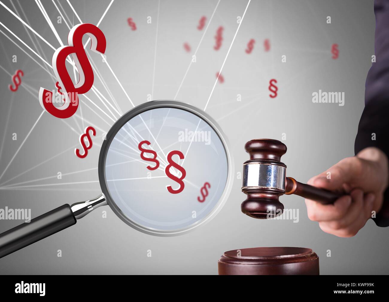 3D Vergrößerungsglas über Court Gavel mit Abschnitt Symbol Symbole Stockfoto