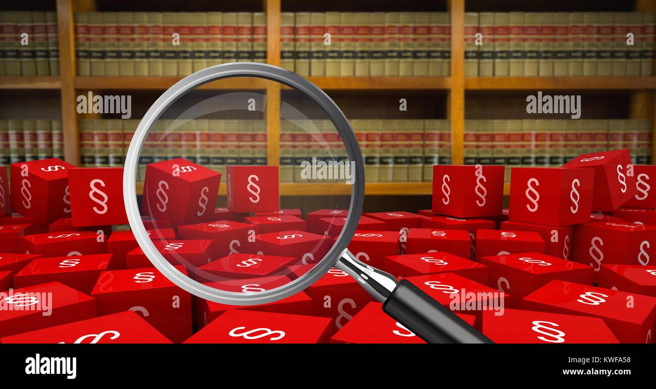 3D-Vergrößerungsglas über Büchern mit Abschnittsymbolen Stockfoto