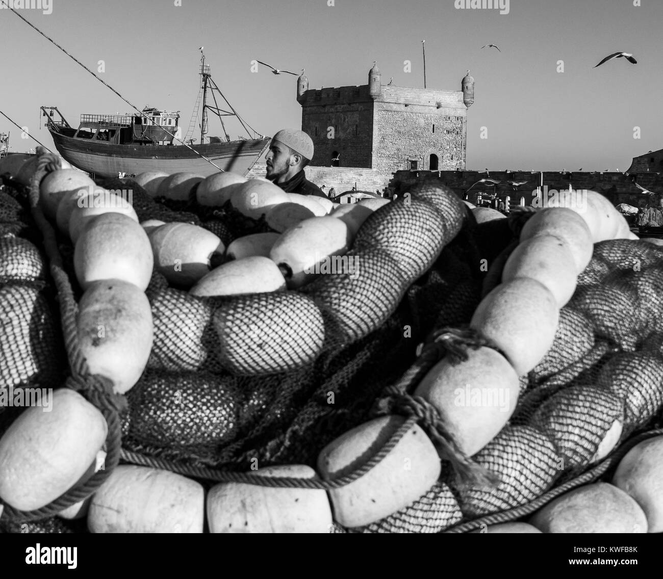 Commericial Fishing industry in Aktion rund um den Hafen. Stockfoto