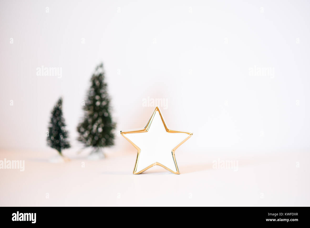 Glänzende creme Stern auf weißem Hintergrund mit Weihnachtsbäumen Stockfoto