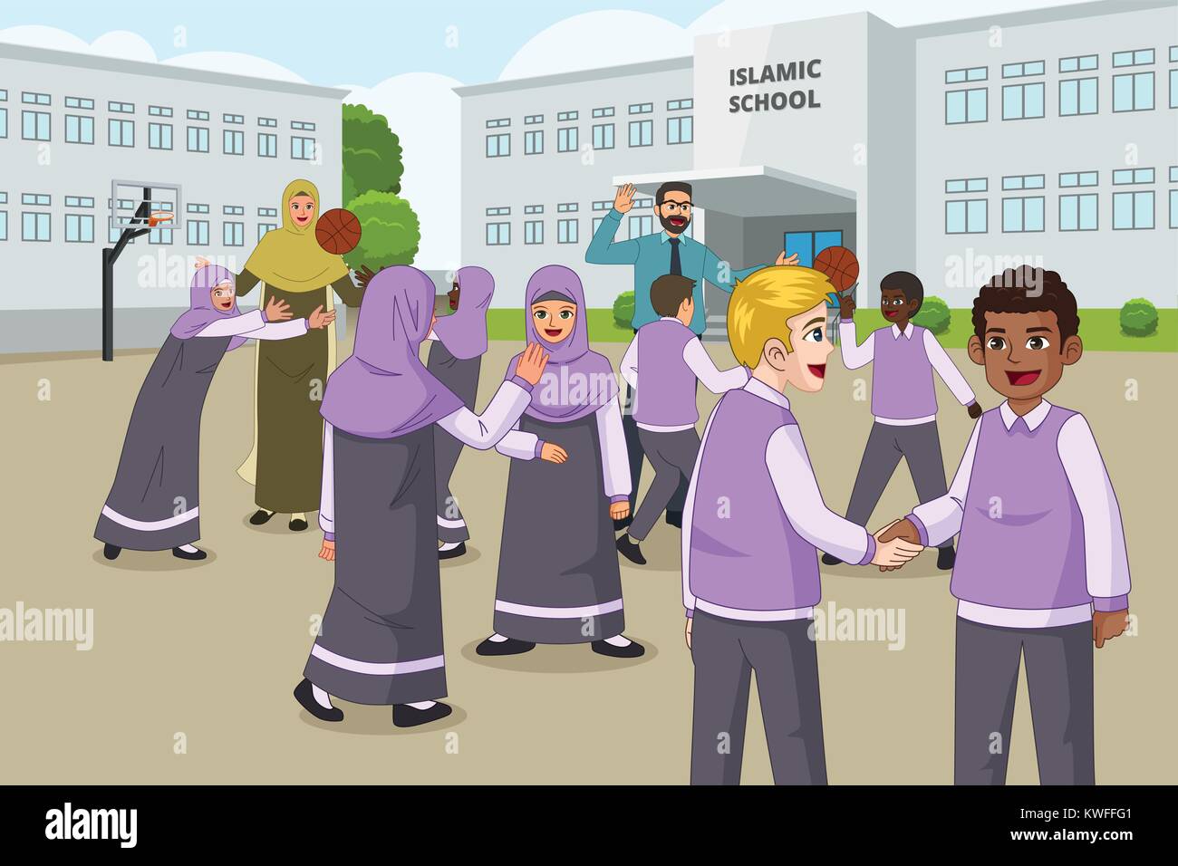 Ein Vektor Abbildung: muslimische Kinder in der Schule spielen Spielplatz während der Aussparung Stock Vektor