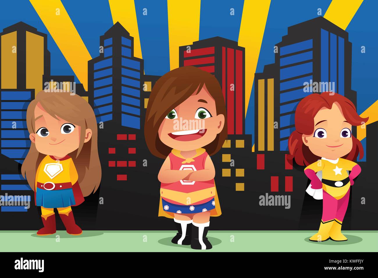 Ein Vektor Abbildung: Drei kleine Mädchen Superhelden tragen Stock Vektor