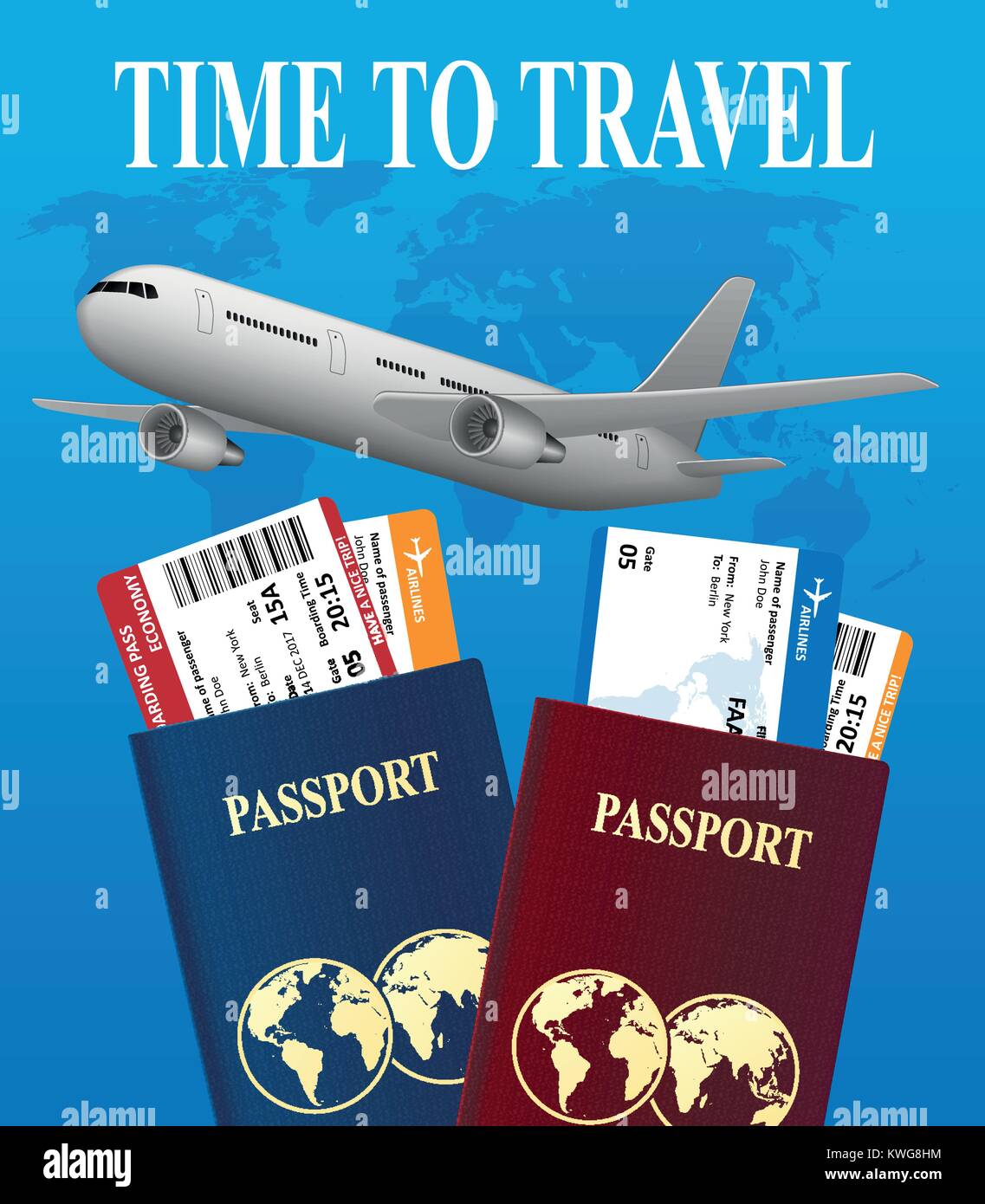Air Travel international Ferienhäuser Konzept. Business Travel Banner mit Flugtickets und realistische Flugzeug. Vector Illustration Stock Vektor