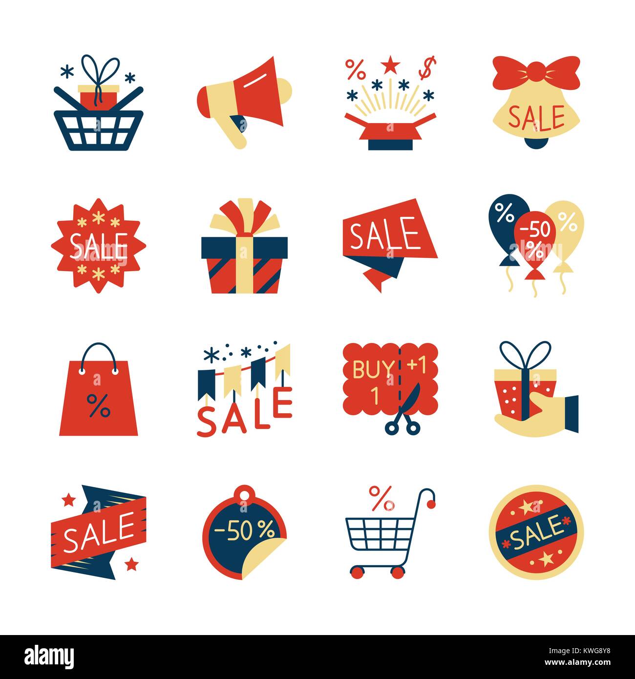 Ausverkauf bunte Flat Style Icon Set. Design symbol Collection. Farbe Jahreszeit Angebot pack Konzept. Web, Etiketten, Banner, Karte, Abzeichen, ad, l Stock Vektor