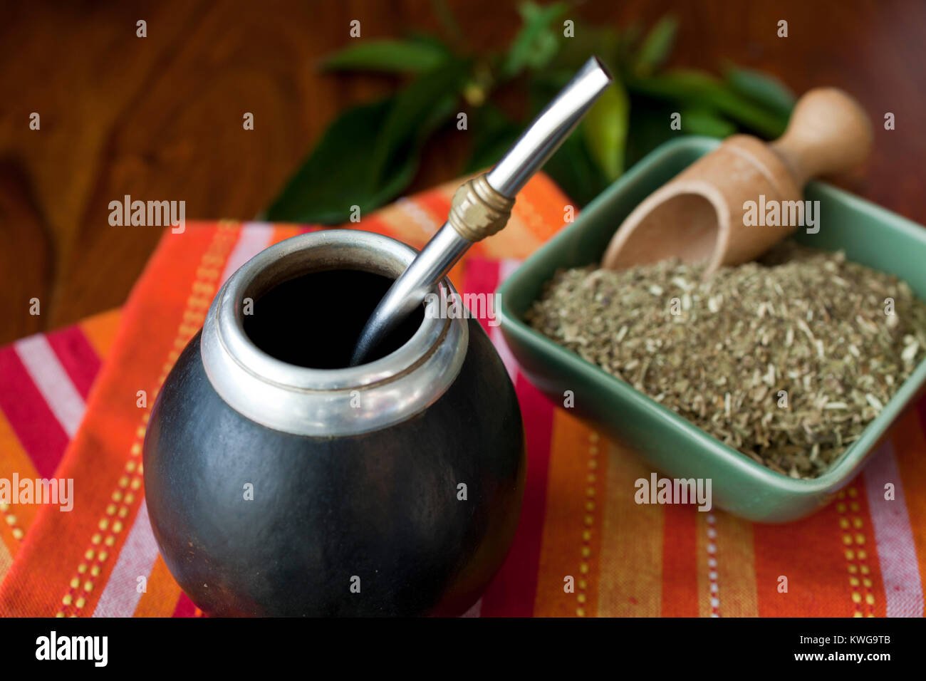 Yerba Mate in matero auf einem Tisch Stockfoto