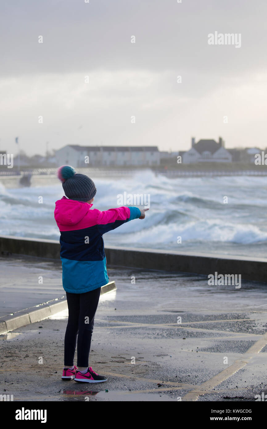 Anglesey, Wales, 3. Januar 2018. UK Wetter. Eine schwere Met Office Warnung hat für das fünfte Sturm der britischen Saison ausgestellt wurde Tropensturm Eleanor. Mit einem Anstieg der Gefahr durch die aktuelle Mond- und Gezeiten Hochwasserwarnungen für viele Bereiche zusammen mit gales Winde wahrscheinlich Schaden zu verursachen. Wellen und Wind Crash in Trearddur Bay auf Anglesey im Norden von Wales als Junge storm Watcher erhält über die Wellen aufgeregt Stockfoto