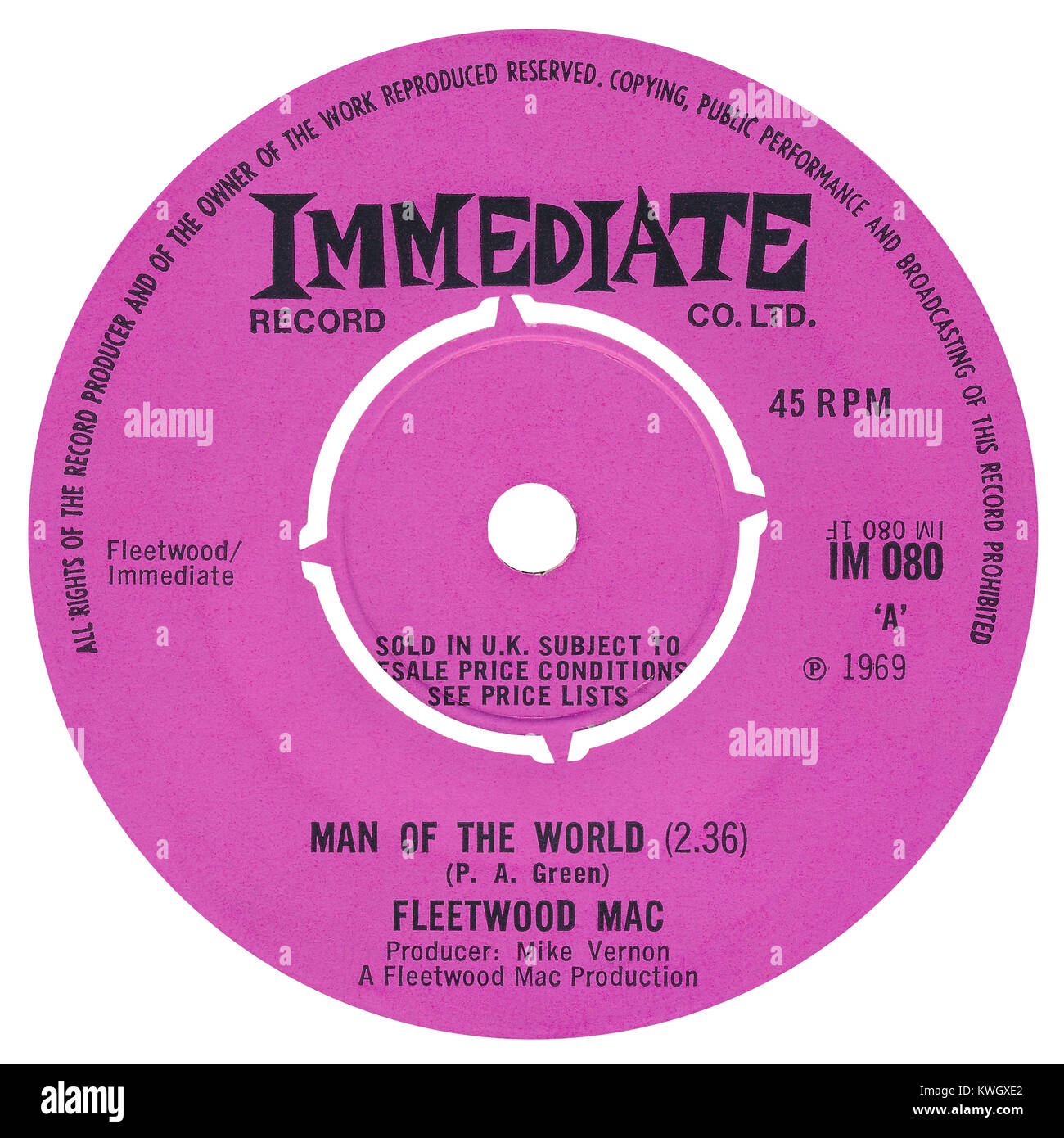 45 U/min 7" das britische Label des Menschen der Welt von Fleetwood Mac. Von Peter Grün geschrieben und von Mike Vernon produziert. Auf die sofortige Label im April 1969 freigegeben. Stockfoto