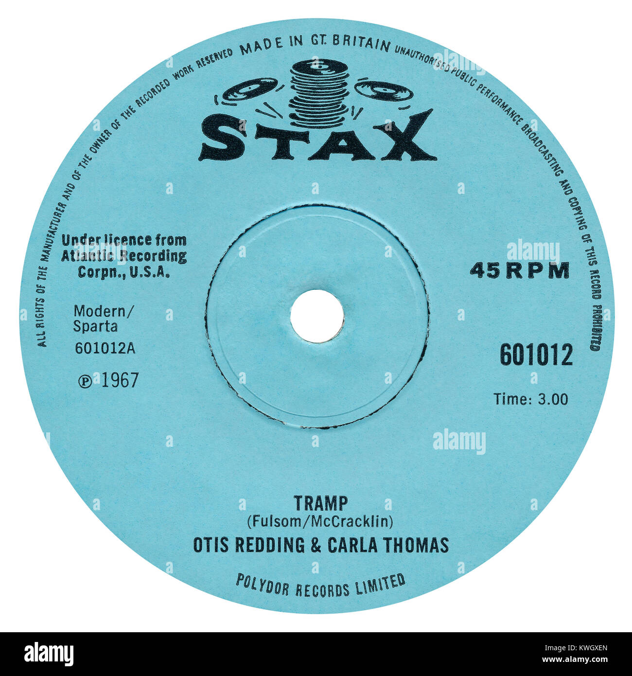 45 U/min 7" das britische Label von Tramp von Otis Redding und Carla Thomas. Von Lowell Fulson und Jimmy McCracklin geschrieben. Von Stax Records im Juli 1967 freigegeben. Stockfoto