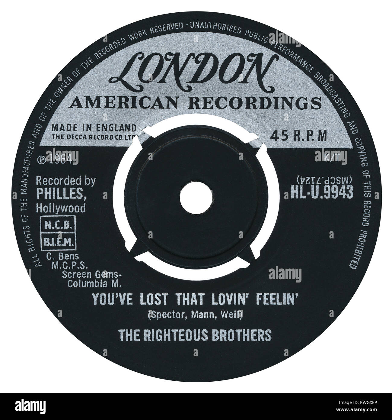 45 U/min 7" das britische Label von Sie haben verloren, Lovin' Feelin' von den Righteous Brothers. Von Phil Spector, Barry Mann und Cynthia Weil, von Gene Seite angeordnet und von Phil Spector produziert geschrieben. Im Januar 1965 von London Records veröffentlicht. Stockfoto