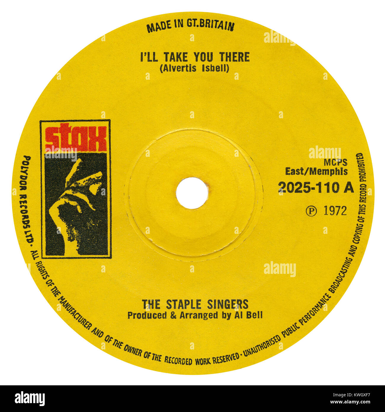 45 U/min 7" das britische Label von Ich werde Sie dorthin durch den Staple Singers. Durch Alvertis Bell geschrieben und arrangiert und durch Al Bell produziert. Im Mai 1972 von Stax Records veröffentlicht. Stockfoto