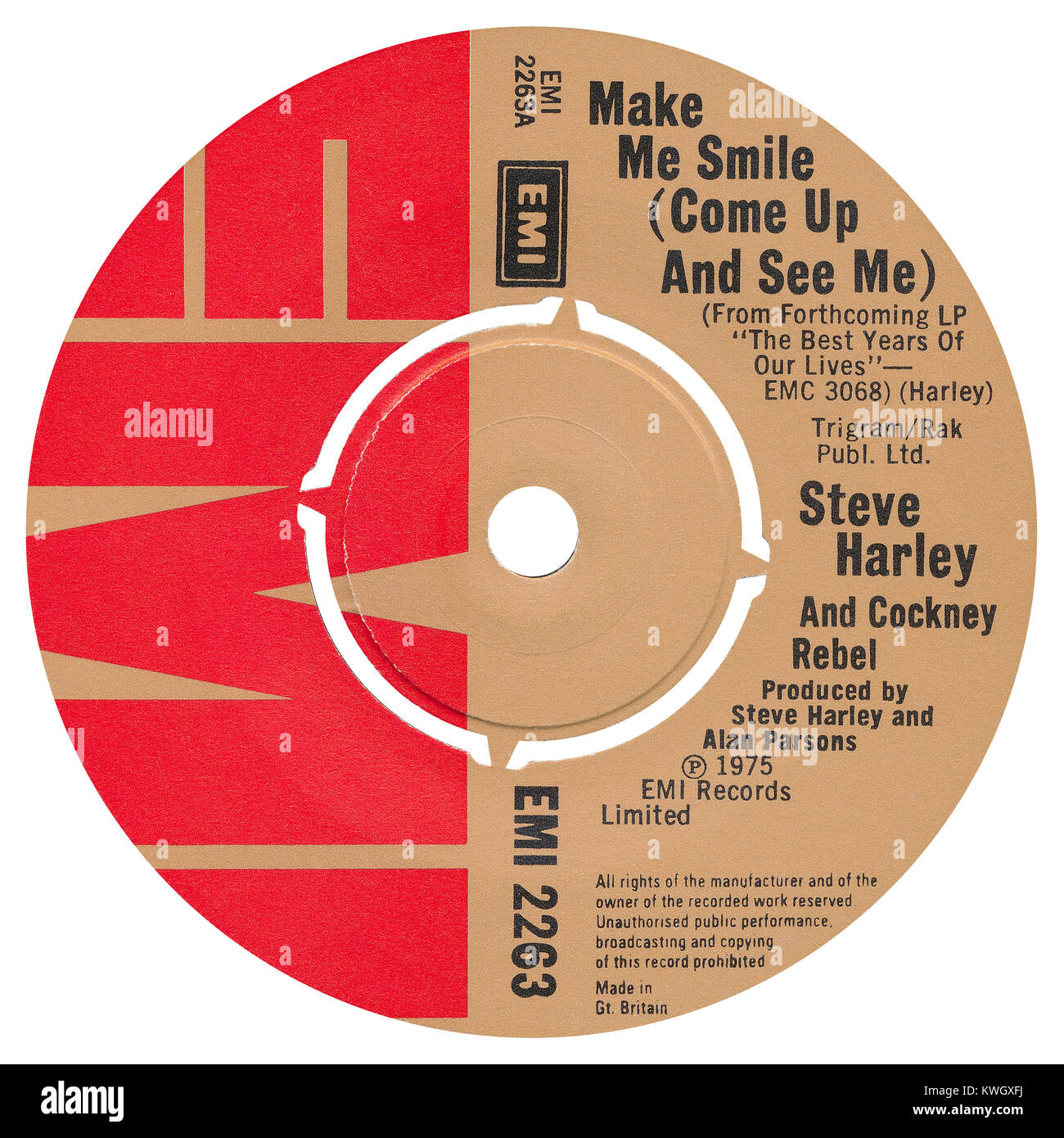 45 U/Min & 'UK Label von Make Me Smile (Come Up und Mich sehen) von Steve Harley und Cockney Rebel. Von Steve Harley geschrieben und von Steve Harley und Alan Parsons produziert. Im Januar 1975 von EMI Records veröffentlicht. Stockfoto