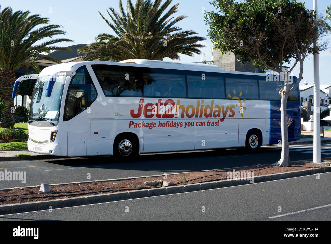 Ein Jet2 Ferien Reisebus, Lanzarote, Kanarische Inseln, Spanien. Stockfoto