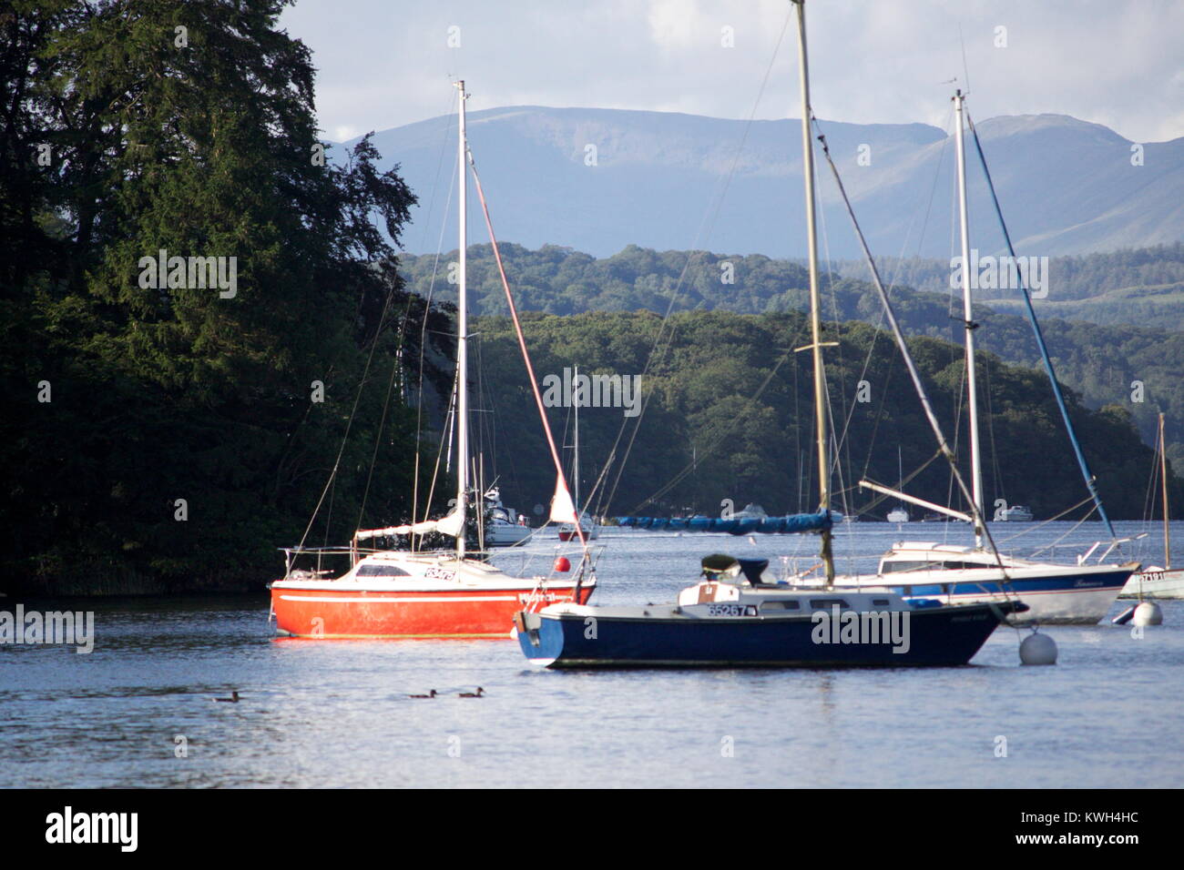 Boote auf dem See Windermere, Lake District, England Stockfoto