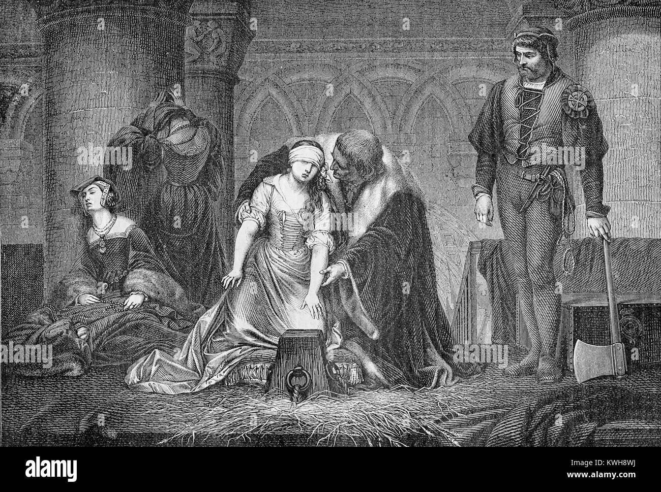 Vintage gravieren, enthauptung von Lady Jane Grey im Tower von London, Jahr 1554 Stockfoto