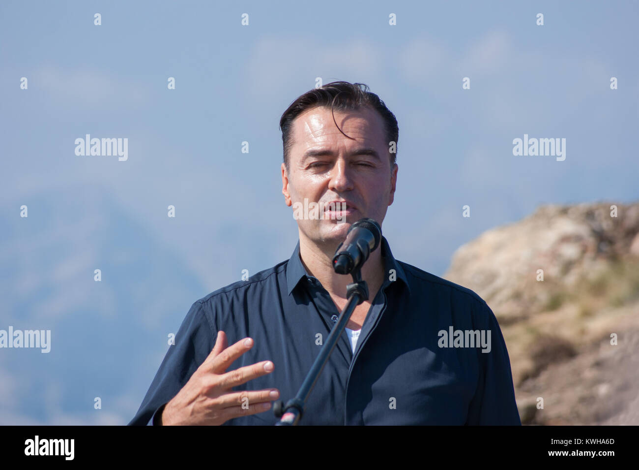Porträt des Architekten Patrik Schumacher Principal bei Zaha Hadid Architects in seiner Rede bei der Eröffnung des Messner Mountain Museum Kronplatz, Italien, 2015 Stockfoto