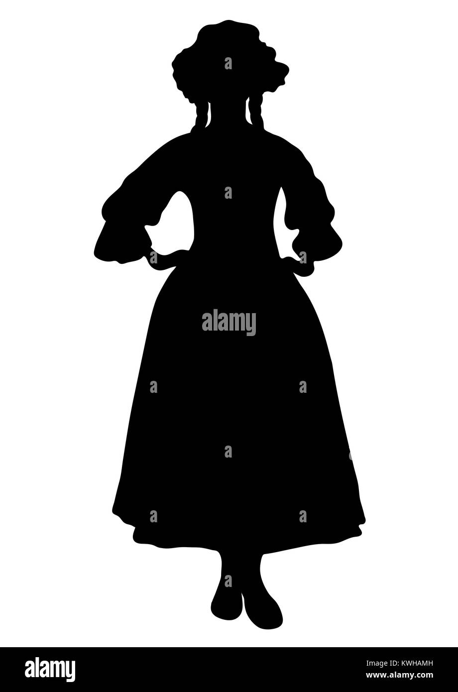 Frau in voller Länge silhouette, mit Zöpfen und Kappe, in alten traditionellen nationalen Kleid mit einem Flauschigen Rock, vector Übersicht Porträt, Schwarz und Weiß c Stock Vektor