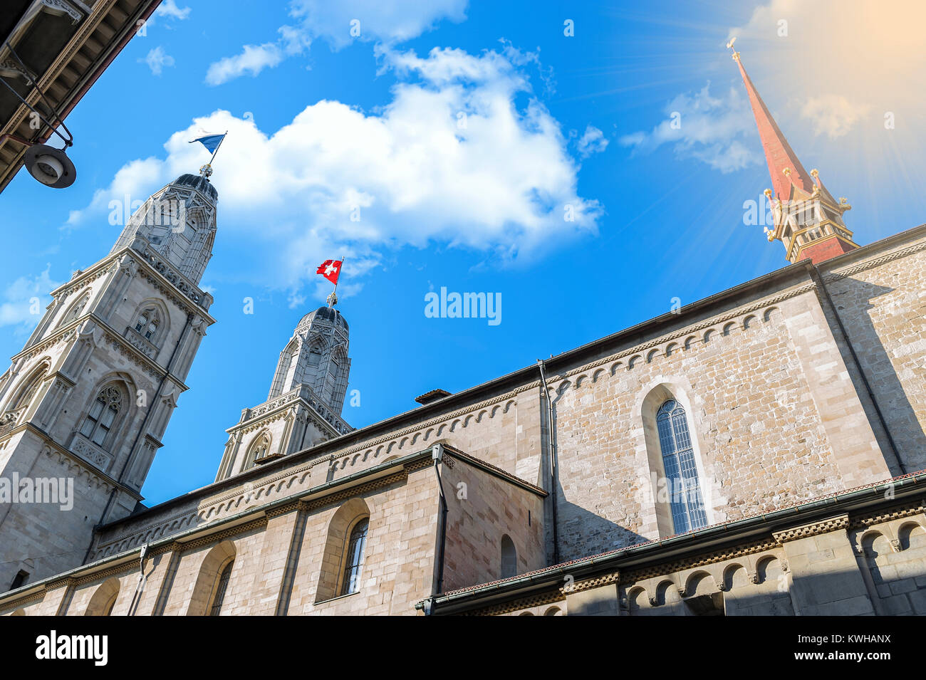 Blick auf Kathedrale Grossmünster in Zürich Stockfoto