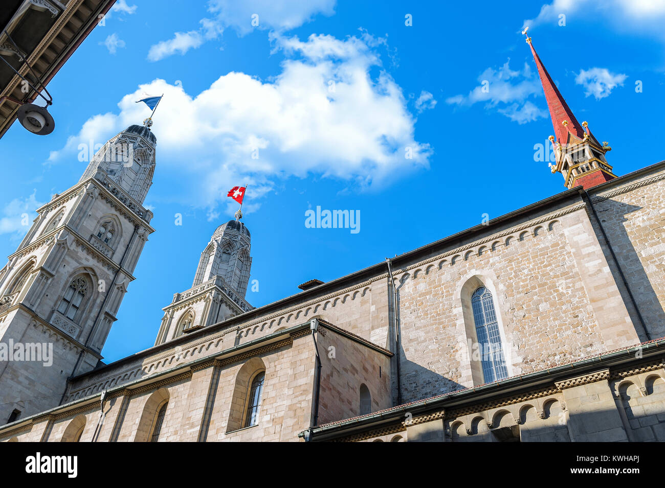 Blick auf Kathedrale Grossmünster in Zürich Stockfoto