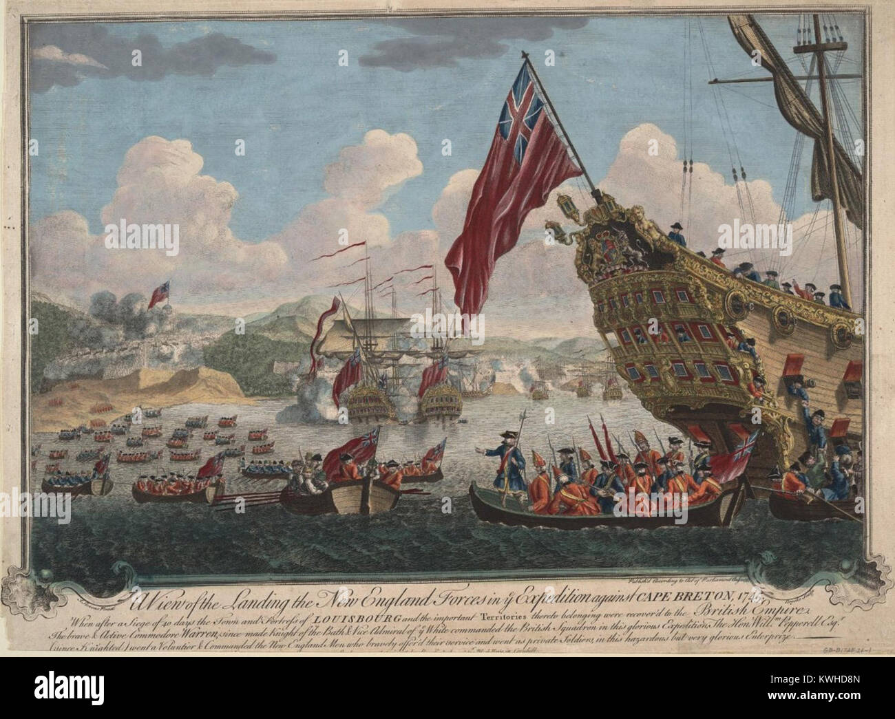 Blick auf die englische Landung auf der Insel Cape Breton zum Angriff auf die Festung Louisbourg. 1745. King George's War (1744 - 1748) ist der Name für den militärischen Operationen in Nordamerika, die Teil der im Österreichischen Erbfolgekrieg (1740-1748). Stockfoto