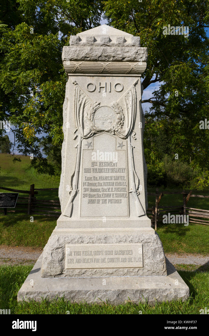 Die 8 Ohio Infanterie Denkmal, Bloody Lane, Antietam National Battlefield, Maryland, USA. Stockfoto