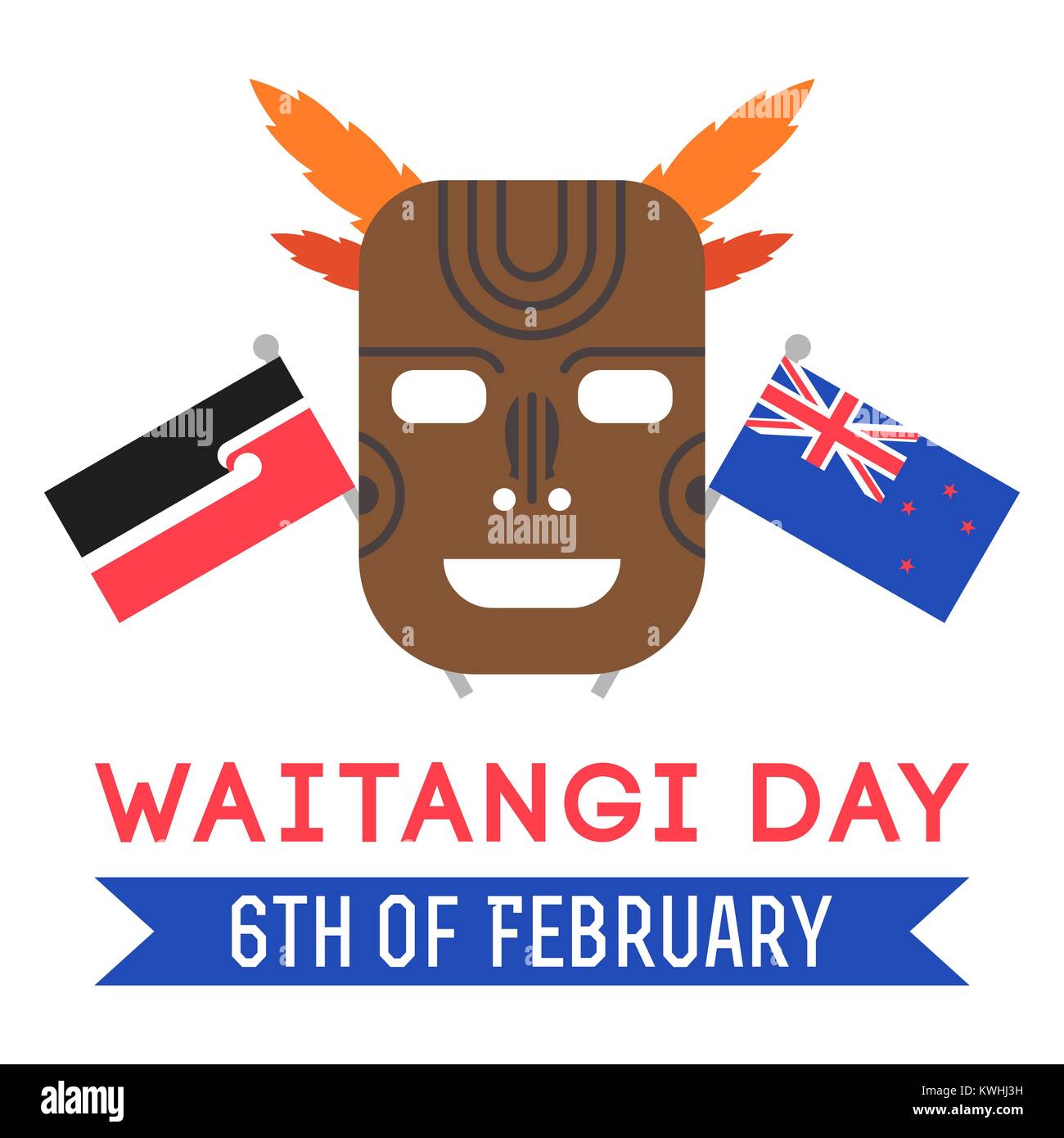 Llustration von Neuseeland einheimischer Maori s Maske, Maori und die Neuseeländische Flagge. Neuseeland Waitangi Day am 6. Februar. Stock Vektor