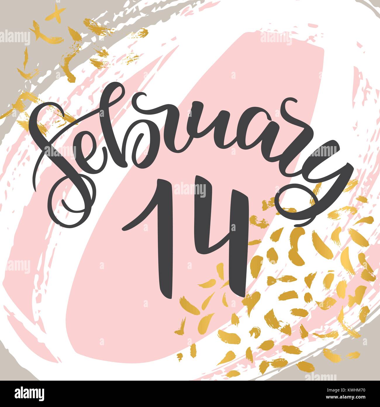 Vektor handlettering 14. Februar. Romantische sagen für Begrüßungen, Poster oder Dekoration für Valentinstag. Auf abstrakten farbigen Hintergrund. Graue Tinte Stock Vektor