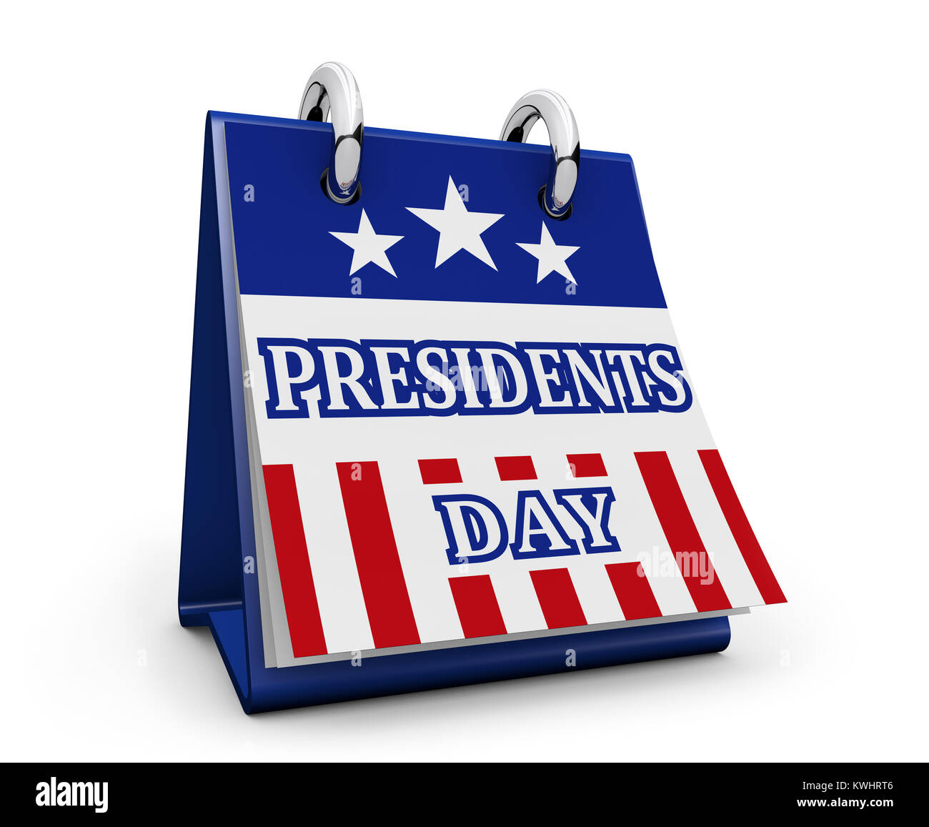 Präsidenten Tag USA Urlaub Konzept mit amerikanischer Flagge Farben und Zeichen auf dem Schreibtisch Kalender 3D-Abbildung auf weißen Hintergrund. Stockfoto