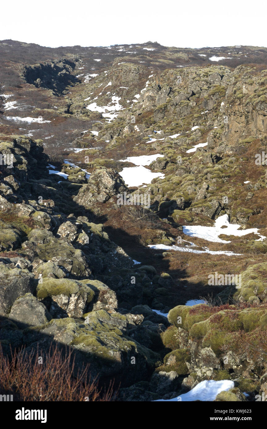 Eine lange Trennlinie von Rock Trennung der eurasischen Kontinentalplatte und Nordamerikanischen Platte in der Pingvillir Thingvellir Nationalpark in Sou Stockfoto