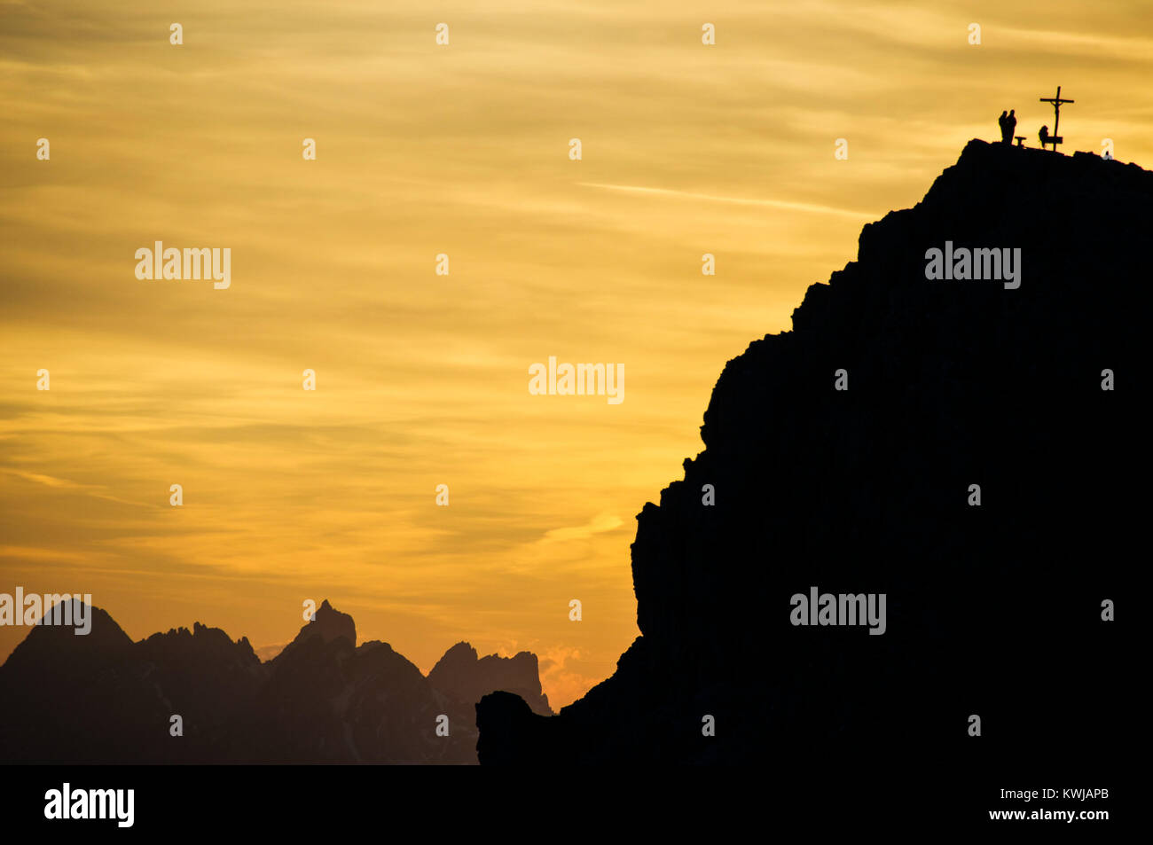 Sonnenuntergang Blick vom Rifugio Lagazuoi, Dolomiten, Italien. Stockfoto
