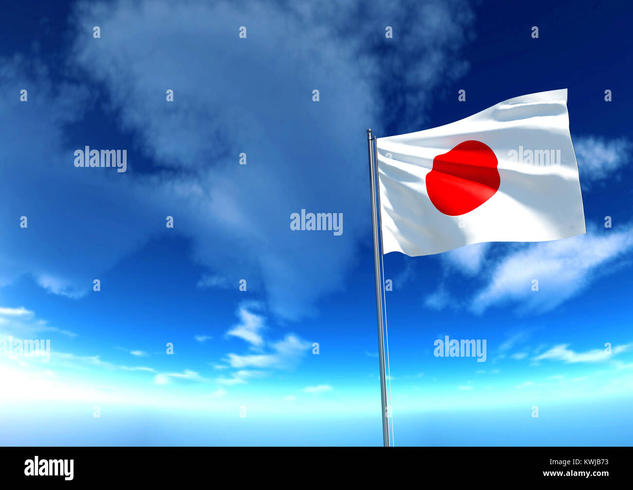 Flagge von Japan unter blauem Himmel, 3D-Rendering Stockfoto