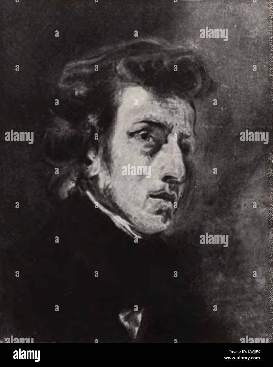 Die Seite mit dem Titel „Życie Chopina“ des polnischen Schriftstellers und Illustrators Juliusz Kaden-Bandrowski zeigt eine visuelle und textliche Auseinandersetzung mit dem Leben des Komponisten Fryderyk Chopin, wobei Erzählung und Bild in Buchform kombiniert werden. Stockfoto