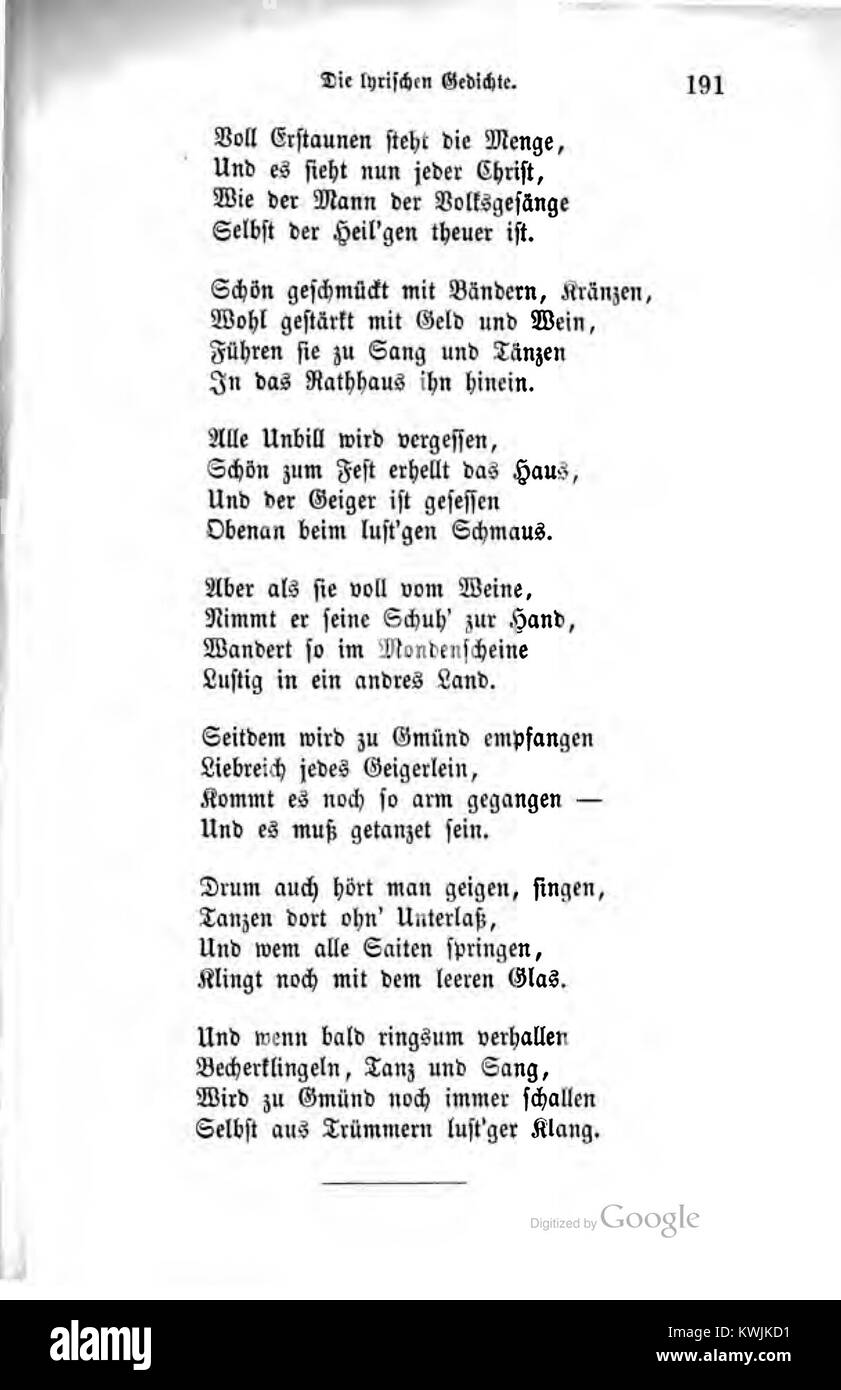Diese Ausgabe von Justinus Kerners „Ausgewählte poetische Werke“ (Band 1) erscheint mit der Tafel- oder Seitennummer 191, Teil seiner lyrischen Gedichtsammlung, die erstmals 1878 bei Cotta in Stuttgart veröffentlicht wurde. :ContentReference[oaicite:3]{index=3} Stockfoto
