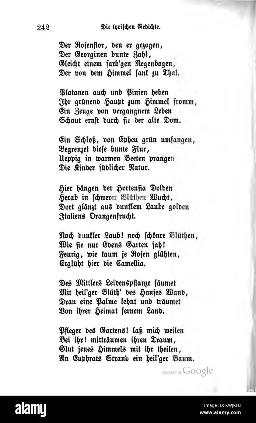 Dieser Eintrag bezieht sich auf den deutschen Gedichtband „Ausgewählte poetische Werke (Band 1)“ von Justinus Kerner, wobei „242“ wahrscheinlich eine Seite oder einen Scan-Identifikator im Band enthält. :ContentReference[oaicite:7]{index=7} Stockfoto
