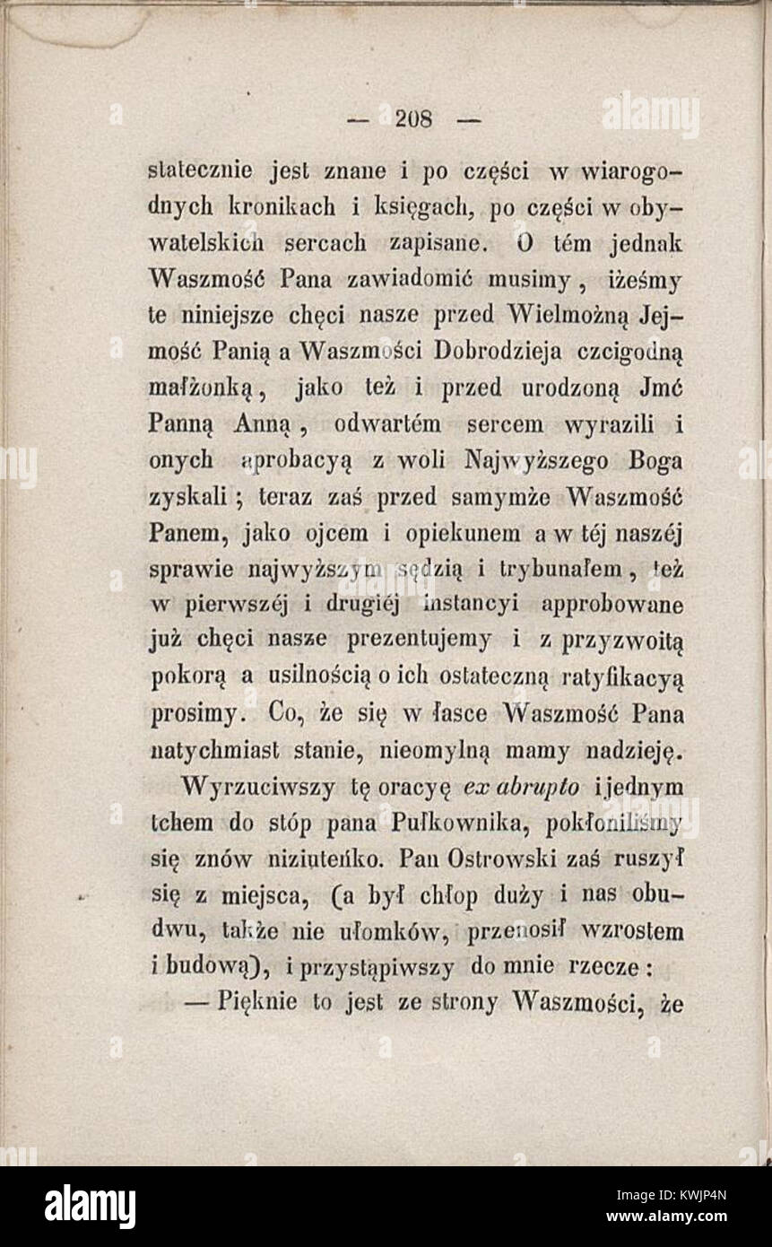 Seite aus Kaczkowskis Roman, der Handlung und Charakterinteraktionen in Bitwa o chorążankę, Junacy, Swaty na Rusi, einem Werk der polnischen Literatur des 19. Jahrhunderts, zeigt. Stockfoto
