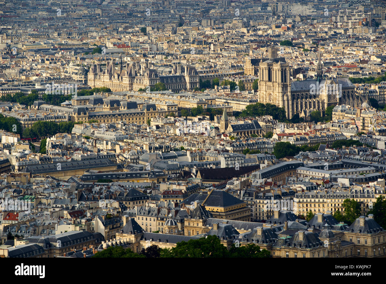 Luftaufnahme auf die Dächer von Paris bei Sonnenuntergang mit der Kathedrale Notre Dame de Paris. 4 (Quartier Latin) und 6 Arrondissment, Paris, Frankreich Stockfoto