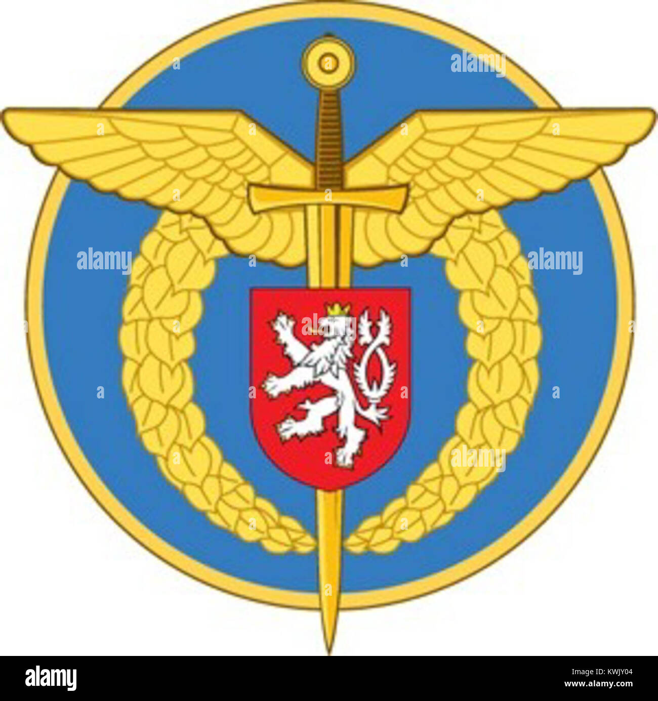 Dieses Bild zeigt das Emblem der Luftwaffe der Tschechischen Republik (AČR) mit den offiziellen Abzeichen, die für die Luftwaffe des tschechischen Militärs verwendet wurden. Das Emblem ist ein Symbol der nationalen Verteidigung und Luftmacht. Stockfoto