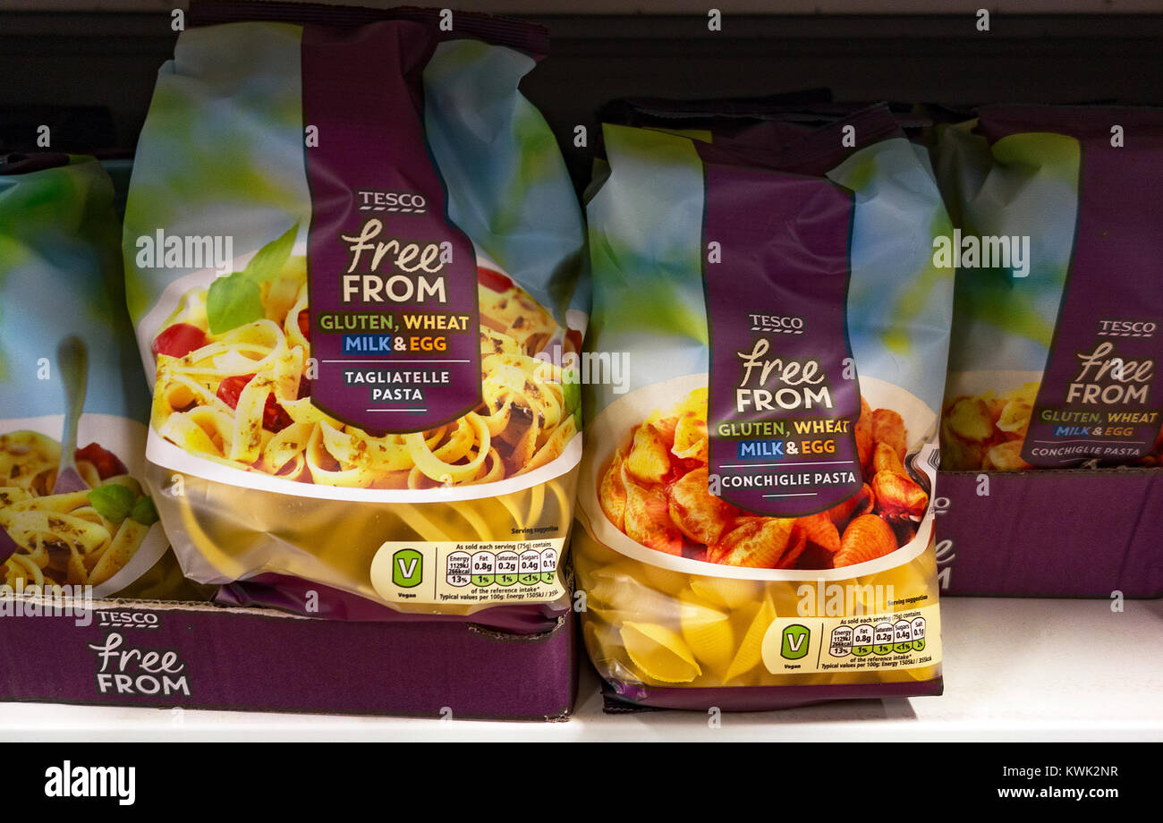 Frei von Tesco, Gluten, Weizen, Milch und Ei kostenlos essen Produkt Stockfoto
